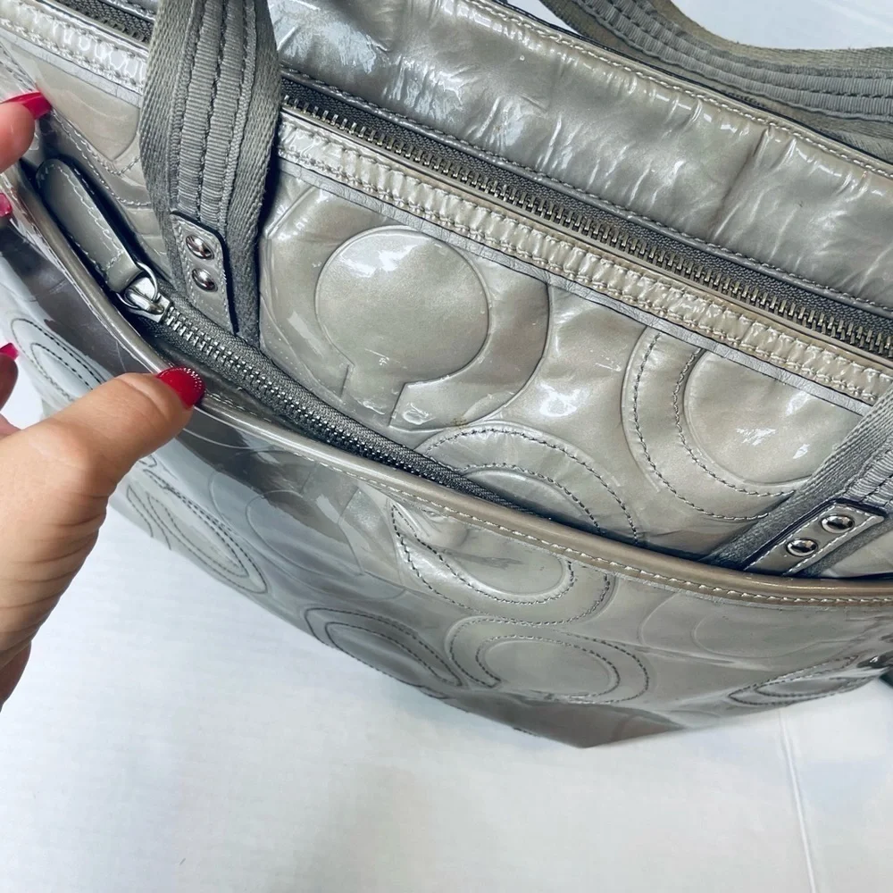 COACH 16977 Rare Gray Signature Patent Leather Tote Travel Diaper Bag